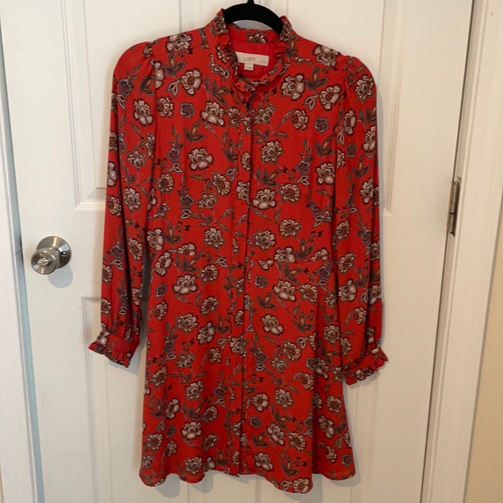 LOFT 4P dress orange teal flower full button ruffle detail
